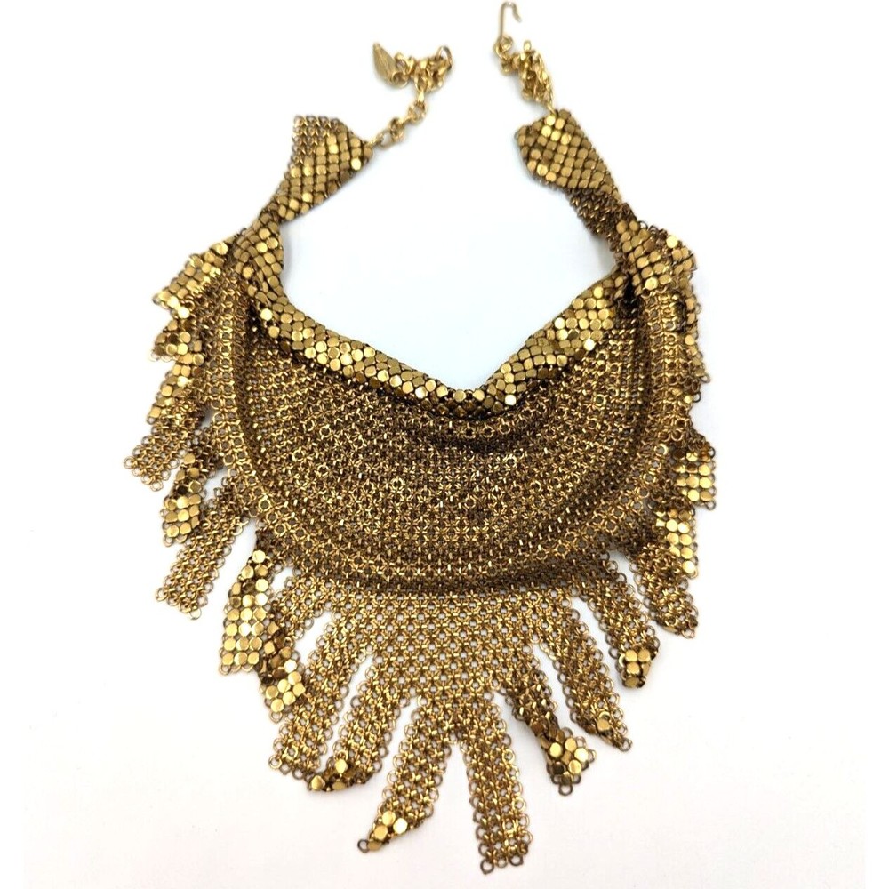 Whiting & Davis Gold Tone Chainmail Metal Fringed Vintage Bib Necklace 1970s - Picture 9 of 14